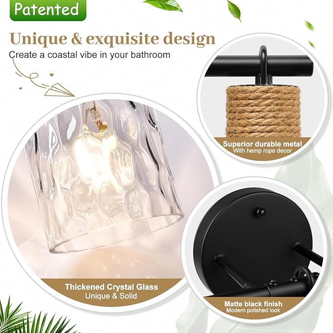 Bathroom Light Fixtures, 5-Light Coastal Vanity Lights with Crystal Glass Shade, Black Bathroom Wall Lamp for Mirror Kitchen Hallway Cabinet