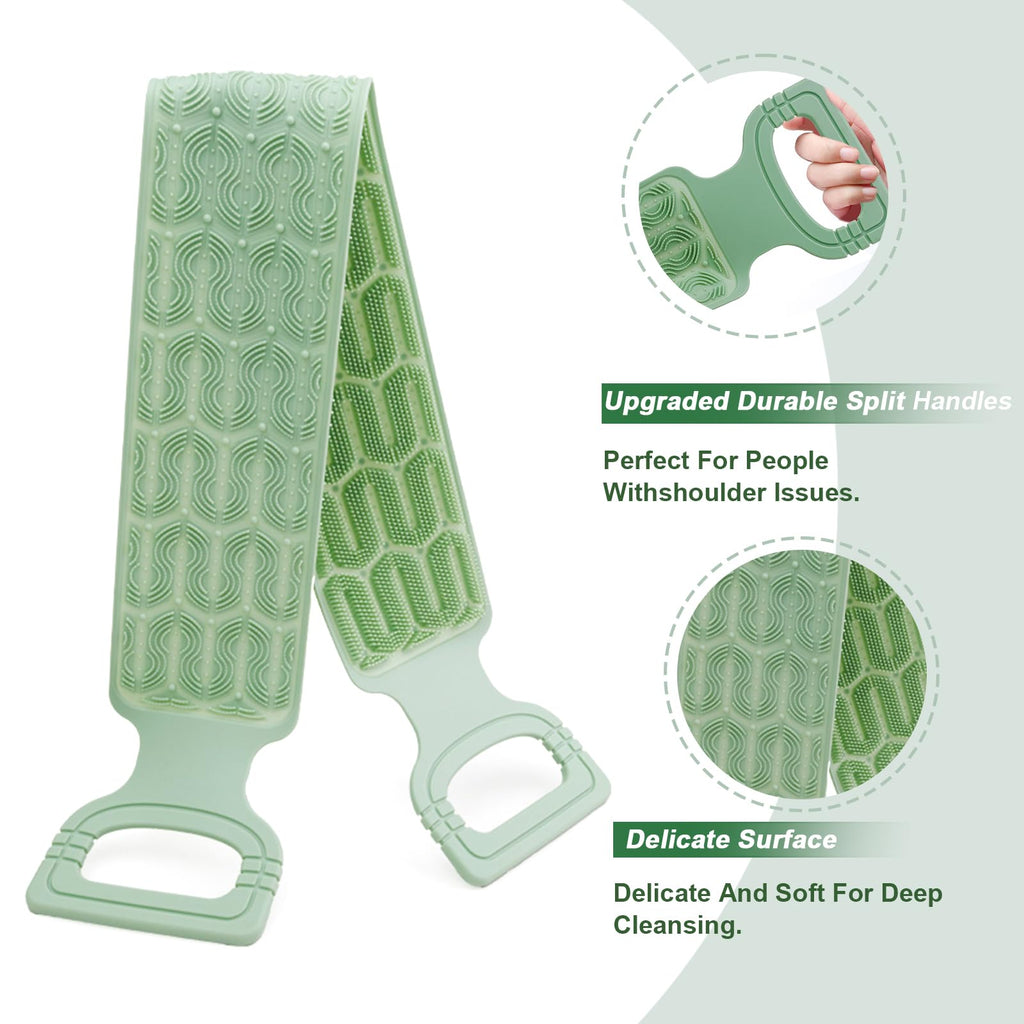 Exfoliating Back Scrubber for Shower,Double-Sided Back Scrub Washcloth Strap,Cover The Entire Back for Men Women,Silicone Back Massage Bath Brush,Exfoliate and Massage (Green)