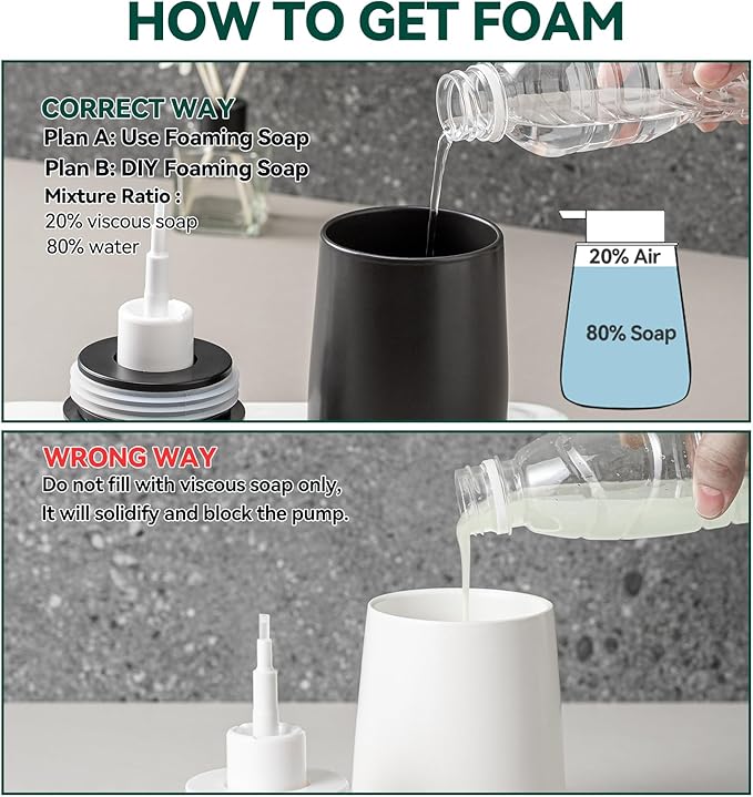 AZMOYAC Black Foaming Soap Dispenser - Modern Ceramic Foam Hand Soap Dispenser Bathroom, 12 Oz Facial Cleanser Dispenser Bottle with Foam Pump, Refillable Wash Dish Dispenser for Kitchen