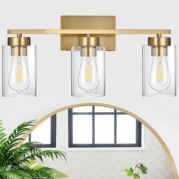 A1A9 3-Light Bathroom Vanity Light, Modern Brushed Gold Wall Lights with Clear Glass Shades, Bathroom Wall Sconce Lamp for Mirror Living Room Bedroom Hallway