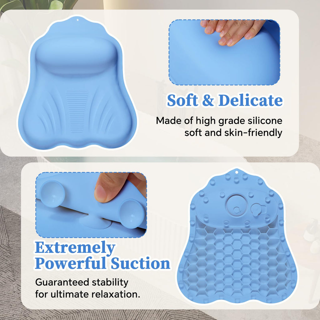 Luxury Silicone Bath Pillow for Tub, New Cloud-Soft 4D Air-Cushion Bathtub Pillow for Head and Neck & Back Support, Strong Suction Cups, Waterproof Quick-Dry Bathtub Headrest (Blue)