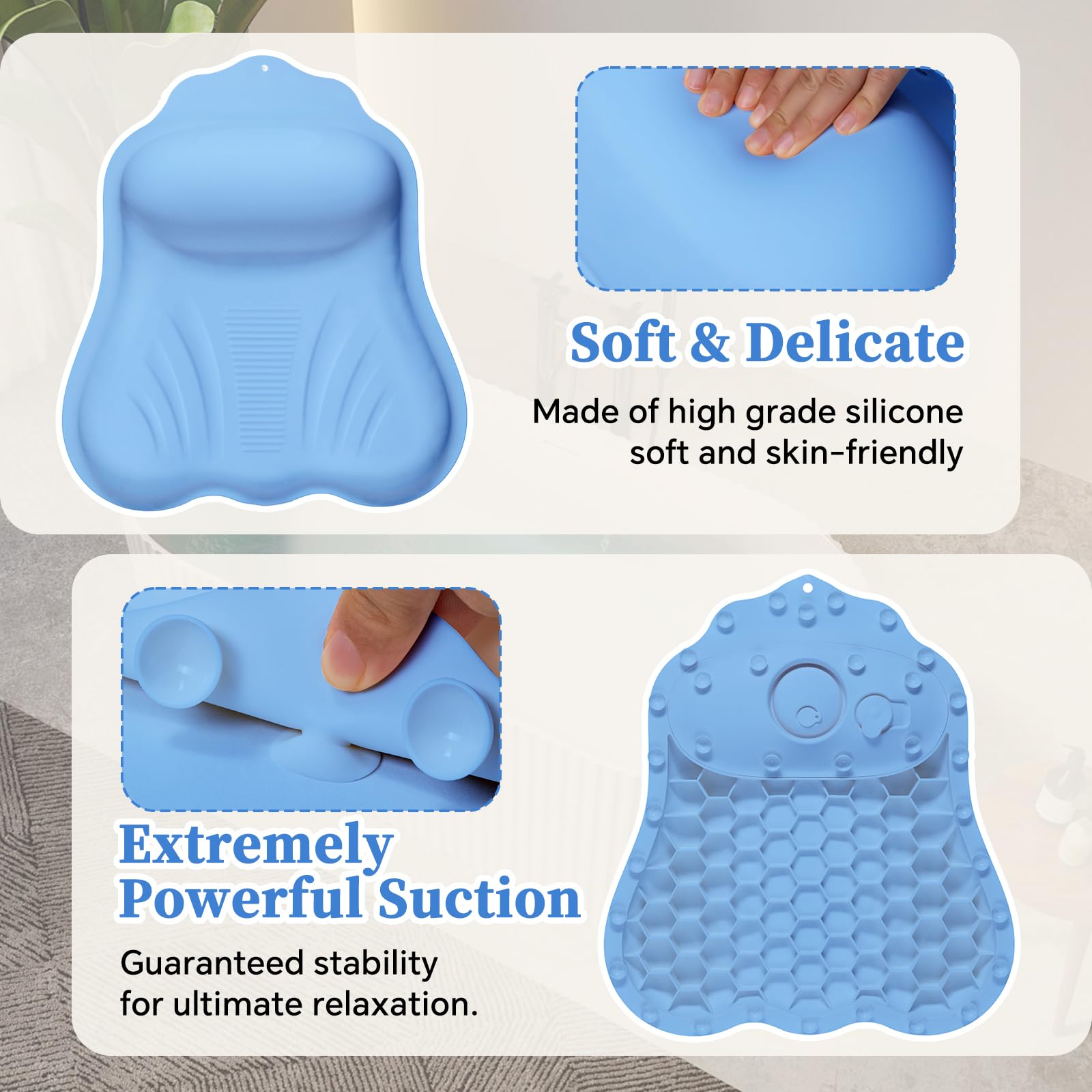 Luxury Silicone Bath Pillow for Tub, New Cloud-Soft 4D Air-Cushion Bathtub Pillow for Head and Neck & Back Support, Strong Suction Cups, Waterproof Quick-Dry Bathtub Headrest (Blue)