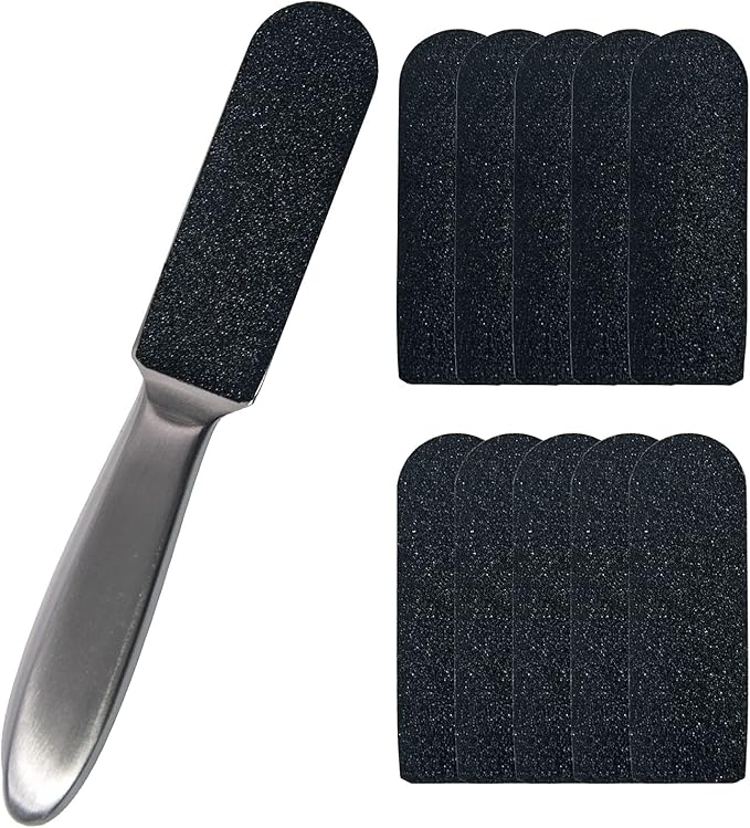 1 Pcs Professional Pedicure Foot File and Callus Remover for Hard Skin,Stainless Steel Foot Rasp File with 10 Free Refill Grits Replacement Pads with Two Sides Simple Bath Pedicure Salon Foot Scrubber