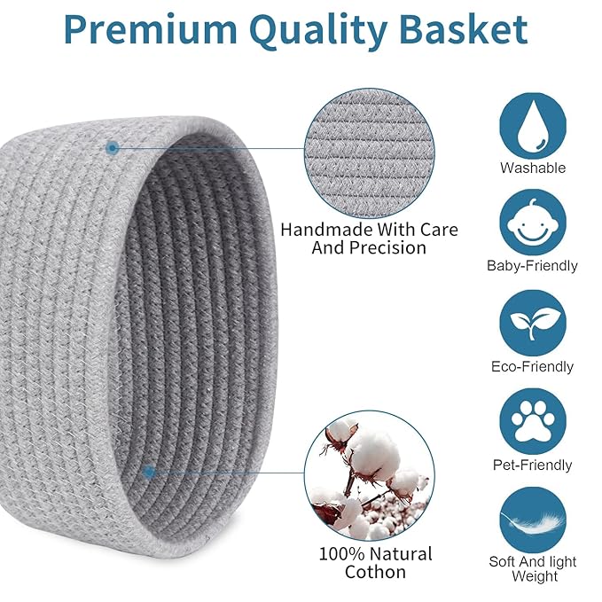 【2 Pack】ABenkle Small Woven Baskets, Tiny Oval Shallow Storage Baskets, Mini Cotton Rope Empty Decorative Basket, Boho Little Organizer Bins for Bathroom, Cat Dog Toy Gifts Baskets