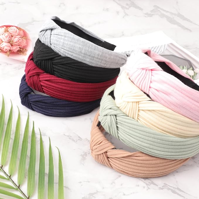DRESHOW 8 Pack Knotted Headbands for Women Wide Turban Headband Yoga Exercise Ribbing Hair Hoop Hair Bands Accessories