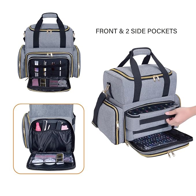 Nail Polish Organizer Case Holds 80 Bottles(15ml/0.5fl.oz) Portable Travel Storage Box with 2 Detachable Bags, Designed for Women's Nail Tools, Essential Oils and Cosmetics Sets(Grey)