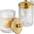 SheeChung 2-Pack Gold Ribbed Glass Qtip Holder - Apothecary Jars Bathroom Organizer with Metal Lids - Countertop Vanity Canister Set for Cotton Swabs, Rounds, Floss Picks-Modern Luxury Decor