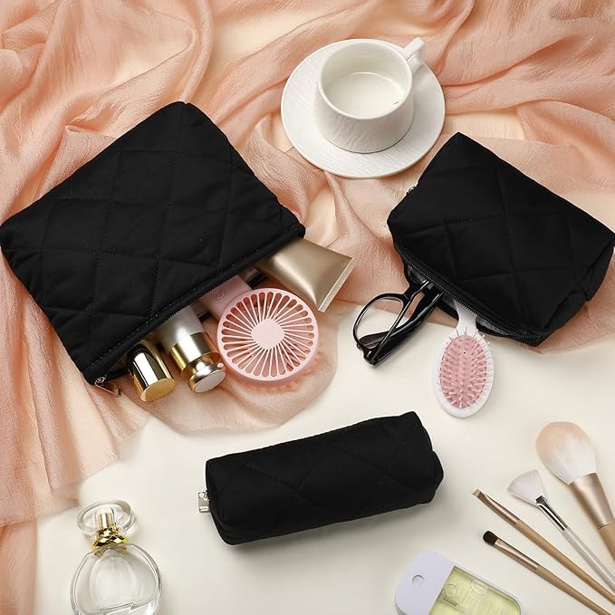 Paterr 3 Pcs Quilted Makeup Bag Set Back to School Favor Small Bridesmaid Cosmetic Bag Aesthetic Travel Pouch Cute Purse Pencil Case Makeup Storage Organizer for Women Birthday Gift(Cotton,Black)