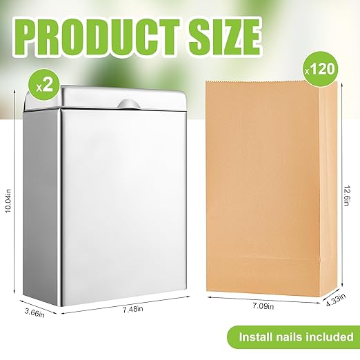 Tioncy 2 Pcs Sanitary Napkin Receptacle with 100 Feminine Hygiene Liner Bag Wall Mounted Tampon Holder for Bathroom Sanitary Napkin Disposal Bags Tampon Disposal Bin for Home Public Restrooms
