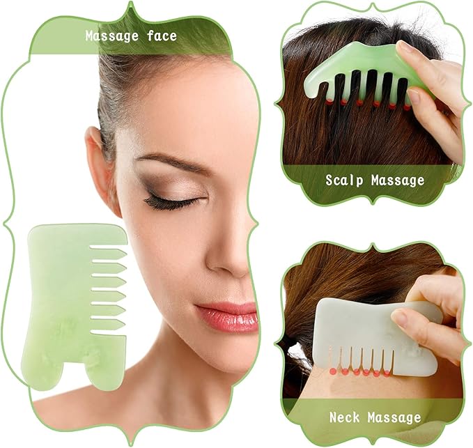 Geiserailie 2 Pcs Jade Combs Esthetician Supplies Massage Stone Hair Gua Sha Scraping Scalp Comb Facial Massage Tool Handheld Head Tools Head Caring Therapy Mother's Day for Women(Mixed Style)