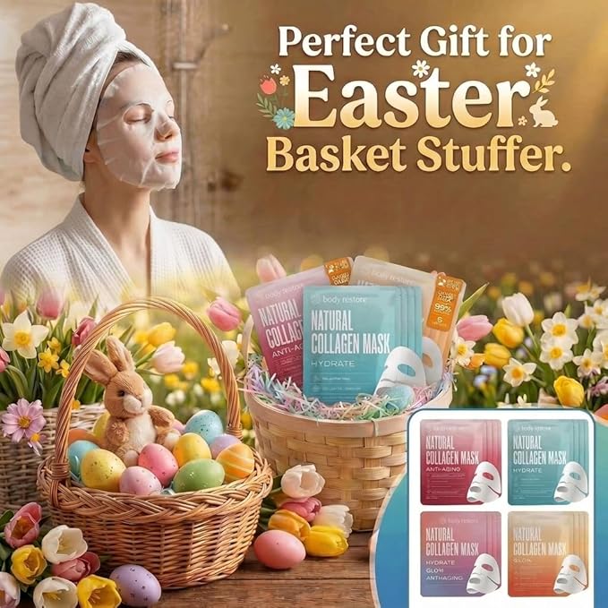 Body Restore Natural Collagen Face Mask – Fathers Day Gift for Dad, Hydrating Skin Care, Birthday Gifts for Women and Men, Self Care Spa Gifts – Glow 5 Pack