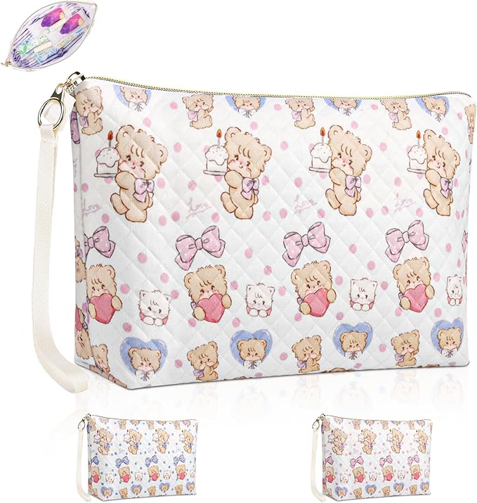 Playexen Period Bag for Teen Girls, Quilted Sanitary Napkin Storage Bag, Cute Bears Menstrual Pad Pouch Tampon Holder (Large-Pink)