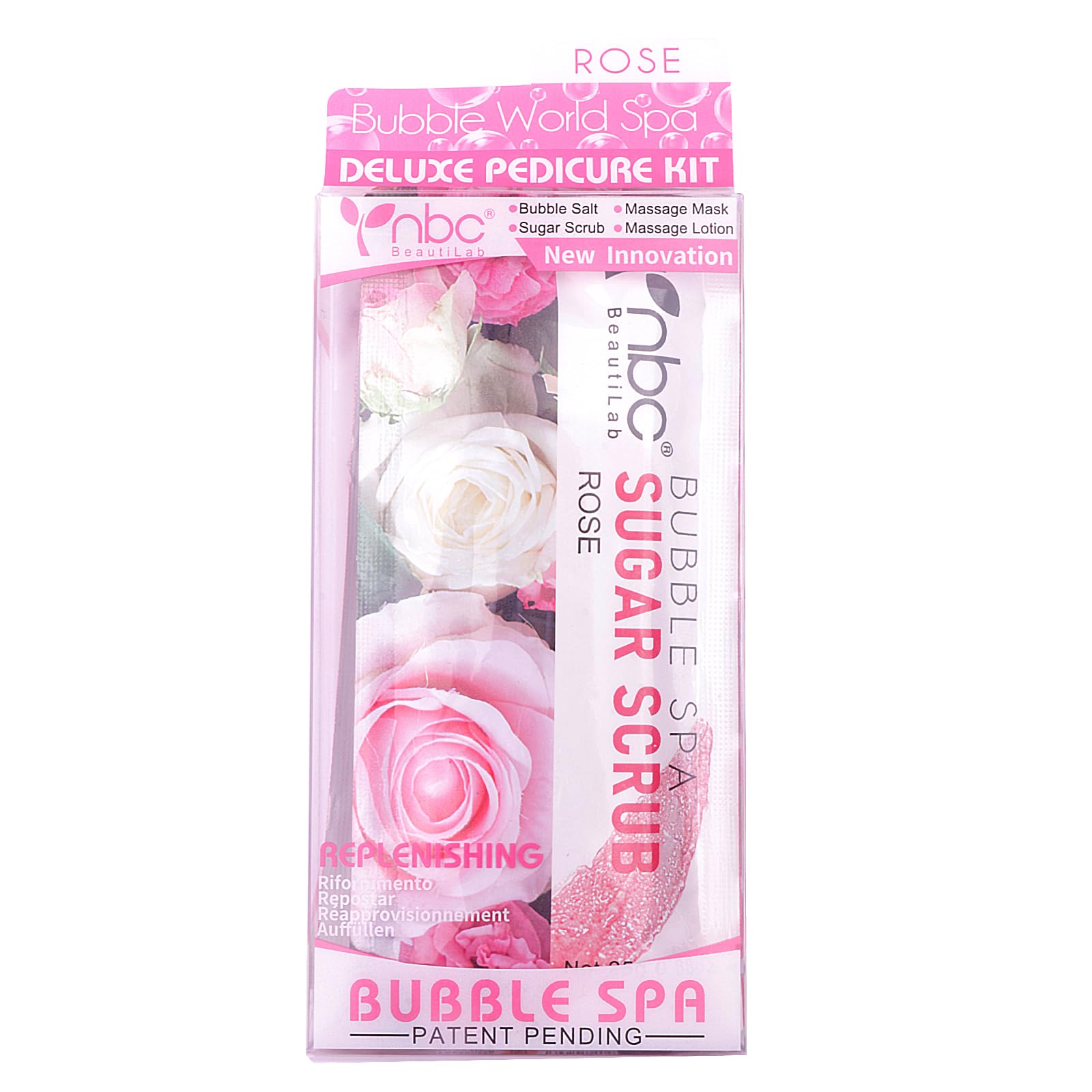 nbc BeautiLab Pedicure Kit Foot Soak Set: Bubble Salt, Sugar Scrub, Massage Mask, Massage Lotion in a Box, 4 Step Foot Spa Kit for Dry Feet and Tired Feet（1 Set Rose
