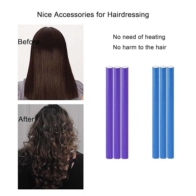 Beyoslf Flexible Curling Rods, 30Pcs Flexirods Long Flexible Heatless Twist Bendable Foam Hair Curls for Long Medium Short Hair, Combs - Rubber, Purple, Blue ( 9.45 x 0.55 inch ), 32 Count