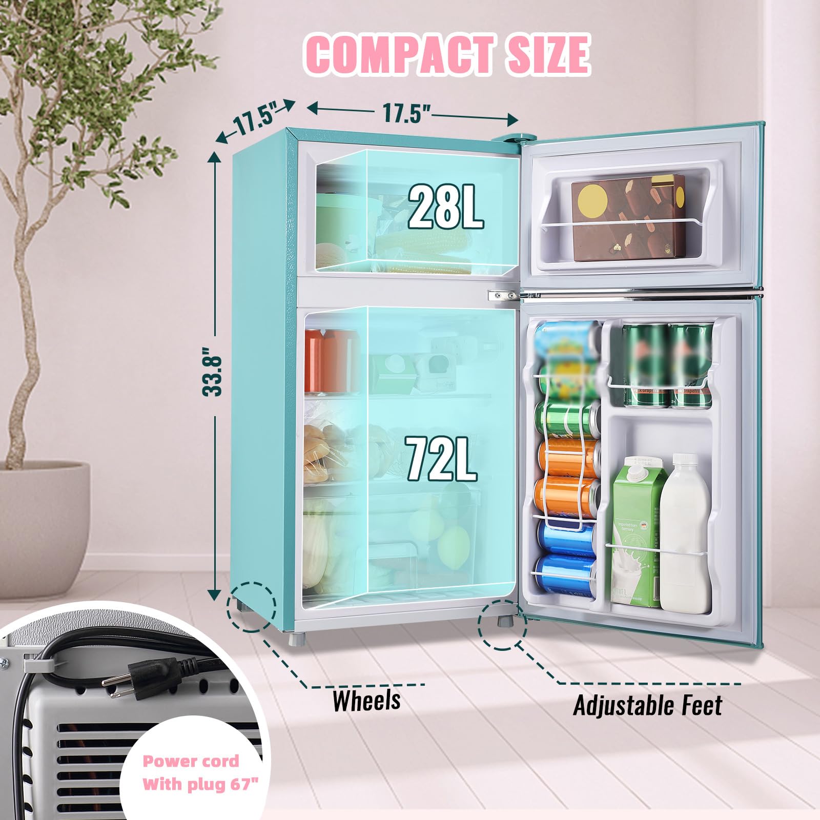 WANAI 3.5 Cu.ft Refrigerators Full-sized Fridge with Freezer Handles Blue Fridge Dual Door Classic Retro Refrigerator Removable Glass Shelves Adjustable Thermostat for Home Office Dorm RV