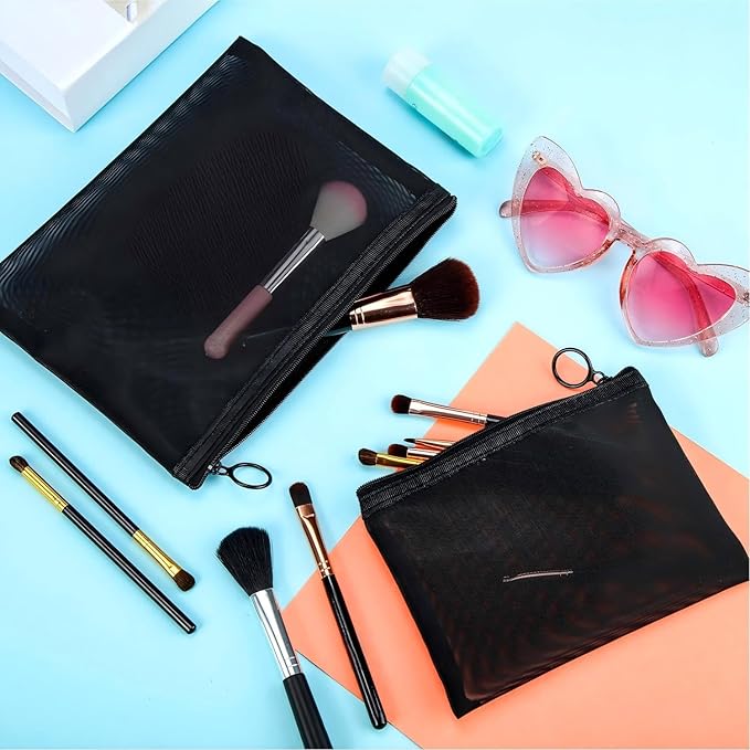 Boao 6 Pieces Mesh Makeup Bags Mesh Cosmetic Bag Portable Travel Organizing Zipper Pouch Toiletries Makeup Pouches for Home Office Travel Accessories(Black)