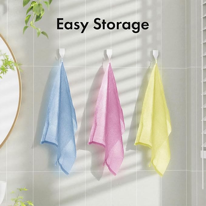 Bathway Exfoliating Washcloth Body Scrubber, 36.81-Inch Quick-Dry Exfoliating Towel, Japanese Loofah Back Scrubber Towel for Women Men (Blue & Rose Red & Yellow, Pack of 3)