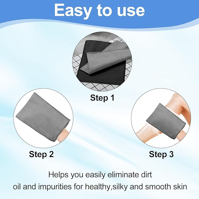 Tatuo 12 Pack Korean Exfoliating Mitt & Cloth, Viscose Rayon Dead Skin Remover Washcloth, Multi Color Body Scrub Towel for Shower Spa Travel(Small,White, Black, Gray)