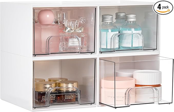 Vtopmart 4 Pack Small Clear Stackable Storage Drawers for Desk, Countertop