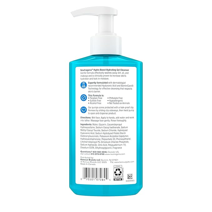 Neutrogena Hydro Boost Face Wash, Hydrating Facial Cleanser with Hyaluronic Acid, Daily Foaming Face Wash & Makeup Remover, Hypoallergenic, Alcohol- & Paraben-Free Gel Cleanser, 12 fl. oz