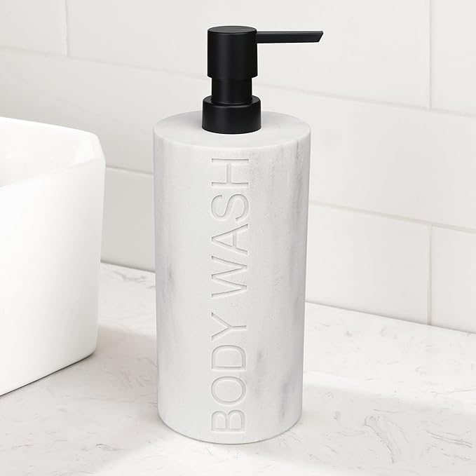 Indecor Home Resin White Marbled Body Wash Engraved Bottle Refillable Pump Dispenser, Durable Waterproof Construction for Bath, Shower - Resin White Marble - Matte Black Pump