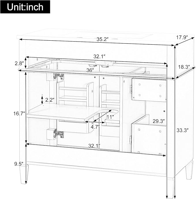 Harper & Bright Designs 36" Bathroom Vanity with Sink, Free Standing Single Basin Vanity Set with Tip-Out Drawer, 3 Drawers, and 2 Doors, Wood Bathroom Cabinet with Ceramic Basin for Bathroom, Green