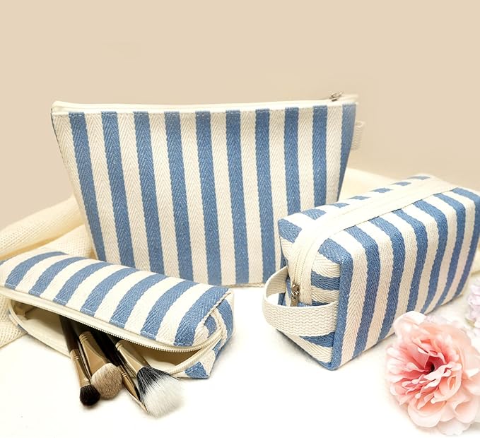 Beayuva 3 Pcs Makeup Bag Set Striped Canvas Purse Cosmetic Bag For Women Travel Toiletry Pouch Organizer pencil case (Blue-White)