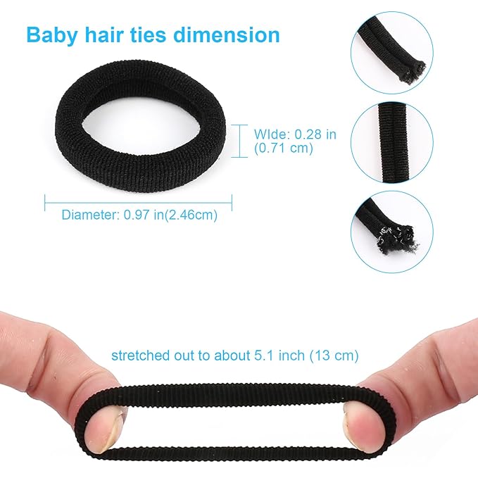 300PCS Black Hair Ties - Infant Cotton Hair Ponytail Holders Baby Hair Bands, Soft and No Damage, 1.1 Inch in Diameter, Seamless Elastic, for Babies, Kids, Toddlers and Adults