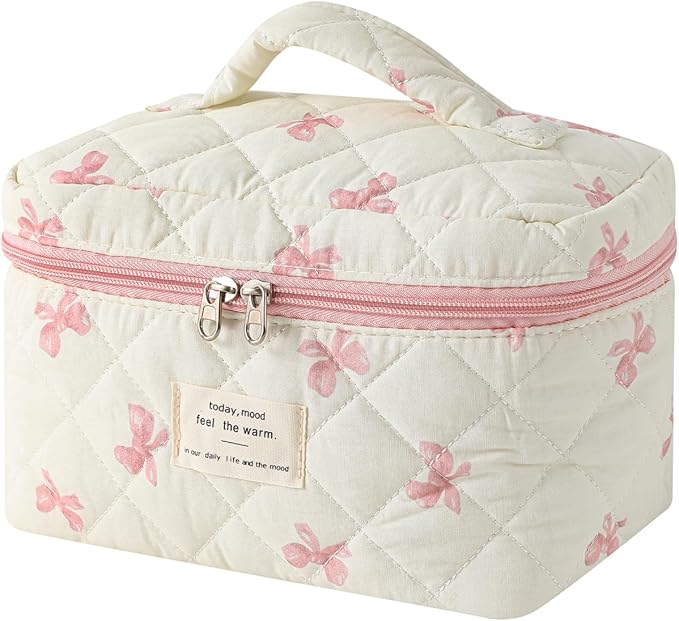 uekeboag Large Travel Quilted Makeup Bag for Women, Floral Cotton Cosmetic Bag, Coquette Aesthetic Floral Toiletry Organizer Bag(08Little Pink Bow