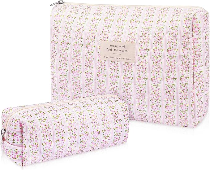 Gosect 2PC Makeup Bag Set, Cute Cosmetic Bag for Women Girls, Floral Coquette Aesthetic Toiletry Bag, Travel Make Up Organizer Bag (Leopard Print)