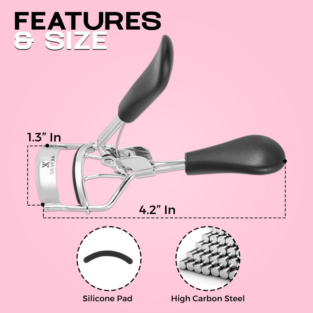 SILVEXA Eyelash Curler with Comfort Grip – Professional Stainless Steel Lash Curler with Soft Silicone Pads | No-Pinch, Long-Lasting Curl for All Eye Shapes | Ergonomic Handle Makeup Tool (Black)