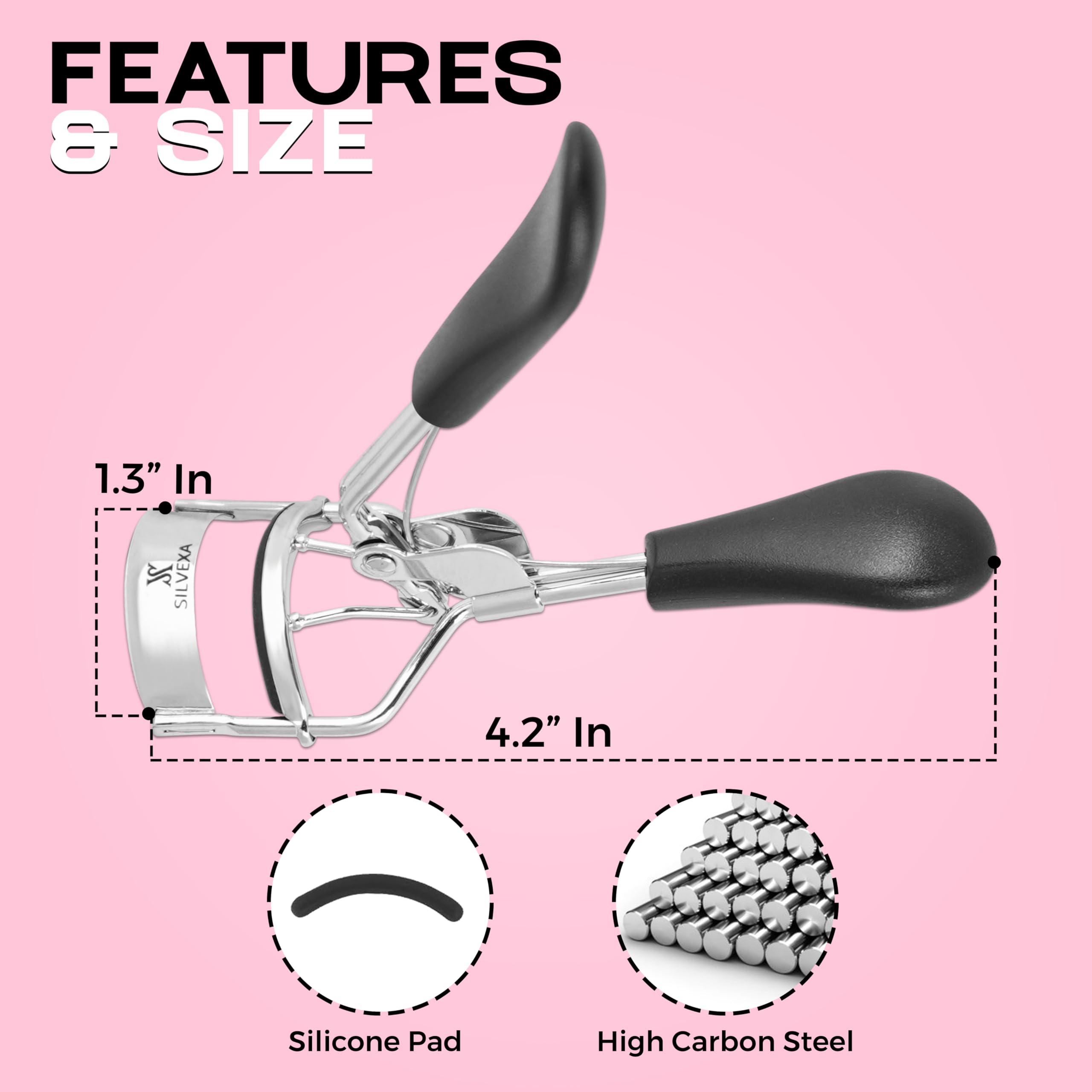 SILVEXA Eyelash Curler with Comfort Grip – Professional Stainless Steel Lash Curler with Soft Silicone Pads | No-Pinch, Long-Lasting Curl for All Eye Shapes | Ergonomic Handle Makeup Tool (Black)
