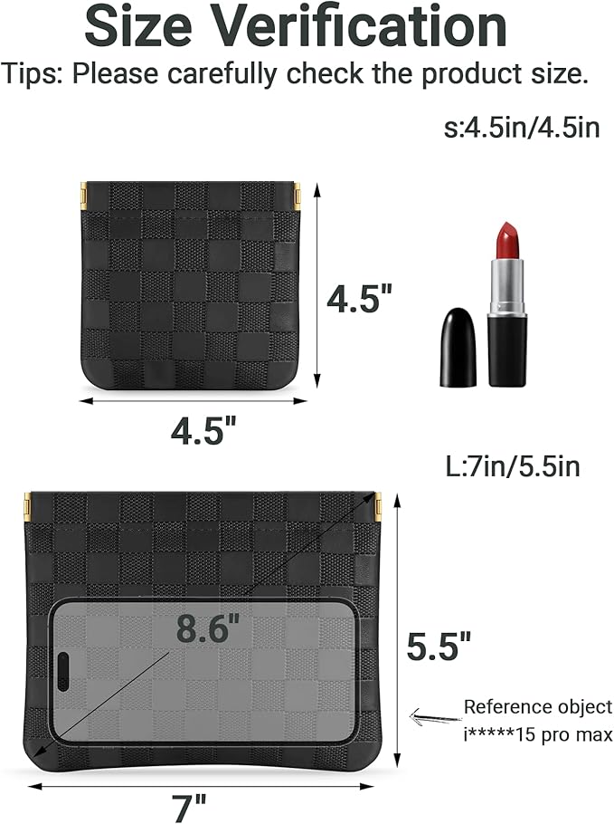 MXXUUOOM 2 Pack Small Makeup Bag for Purse Leather Cosmetic Pouch Organizer, Snap Closure Checkered Makeup Bag, Mini Lipstick Coin Pouch, Travel Makeup Organizer for Women(black)