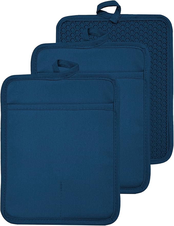 VEIKERY Oven Pot Holder with Pocket Cotton Heat Resistant Coaster Potholder Kitchen Hot Pad Oven Mitts for Cooking and Baking Square 7"x9" (Blue, Silicone)