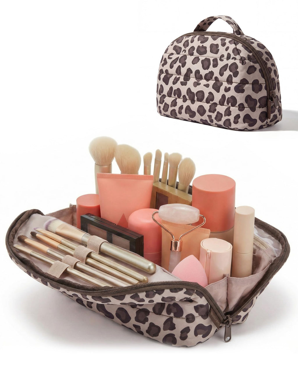 BAGSMART Travel Makeup Bag for Women, Portable Fold-down Cosmetic Case, Puffy Padded Make Up Organizer Pouch, Water-resistant Toiletry Bag for Toiletries, Brushes (Leopard Print)