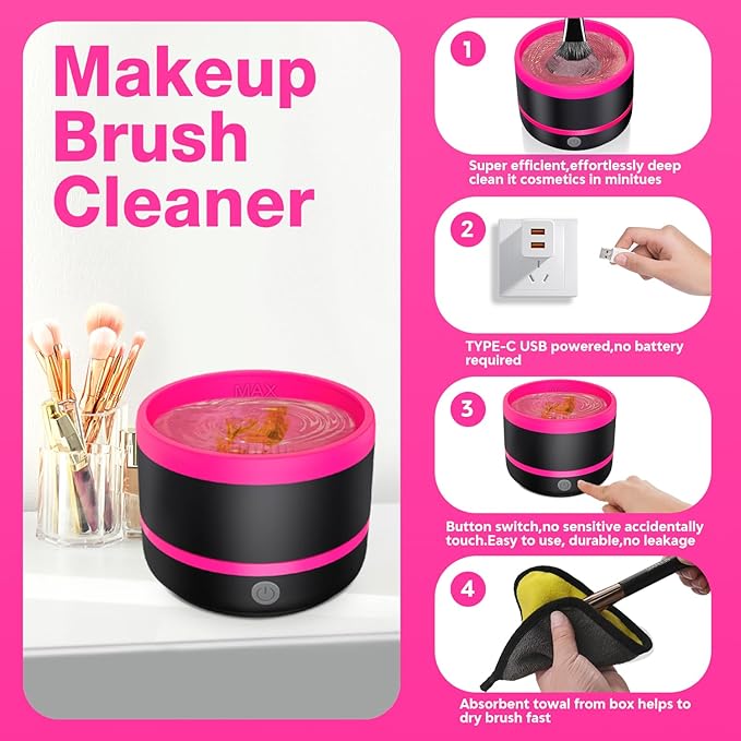 SOGUE Electric Paint Brush Cleaner,Rinser Cup,Brush Rinser for Painting,Makeup Brush Cleaner Machine,Paint Brushes Cleaner Tool,USB Portable Automatic Spin Deep Cleaning for Acrylic Black&Rosy