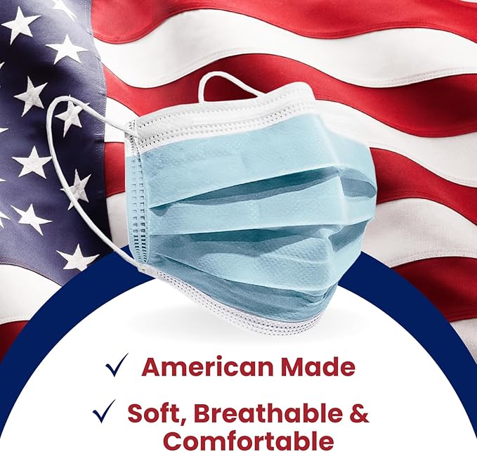 MAGICARE Made in USA Masks - Blue Disposable Face Masks - Medical Grade (ASTM Level 1) - Premium 3 Ply Face Masks Disposable - Comfortable, Soft, Breathable Face Mask for Adults - 50ct Box
