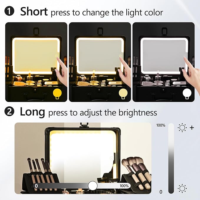 GALHUBIS Makeup Case with Lighted Mirror, Makeup Box Organizer with Detachable LED Mirror, Travel Makeup Train Case, Waterproof Cosmetic Organizer, Standing Makeup Brush Holder, Gift, Black