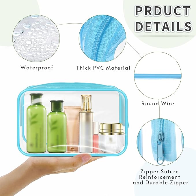 GONITYOU 16 Pieces Clear Makeup Bags Bulk, TSA Approved Toiletry Bags Travel Pouch, Waterproof PVC Plastic Small Clear Cosmetic Bags with Zipper for Organizing (Blue Border)