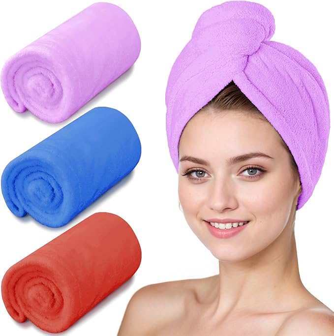 3 Pack Microfiber Hair Towel Wrap for Women, Fast Drying Hair Turban with Button, Anti-Frizz Large Hair Towel for All Hair Styles, Soft & Absorbent Hair Drying Towel(Red,Bule,Purple)