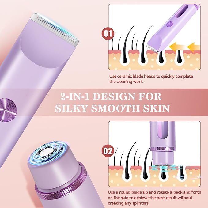 Bikini Trimmer for Women 2in1 High Power Epilators Hair Removal Waterproof Electric Razors Women's Electric Razor Pubic Hair Trimmer Shaver for Women for Ladies Pubic，Face， Underarms，Legs(Purple)