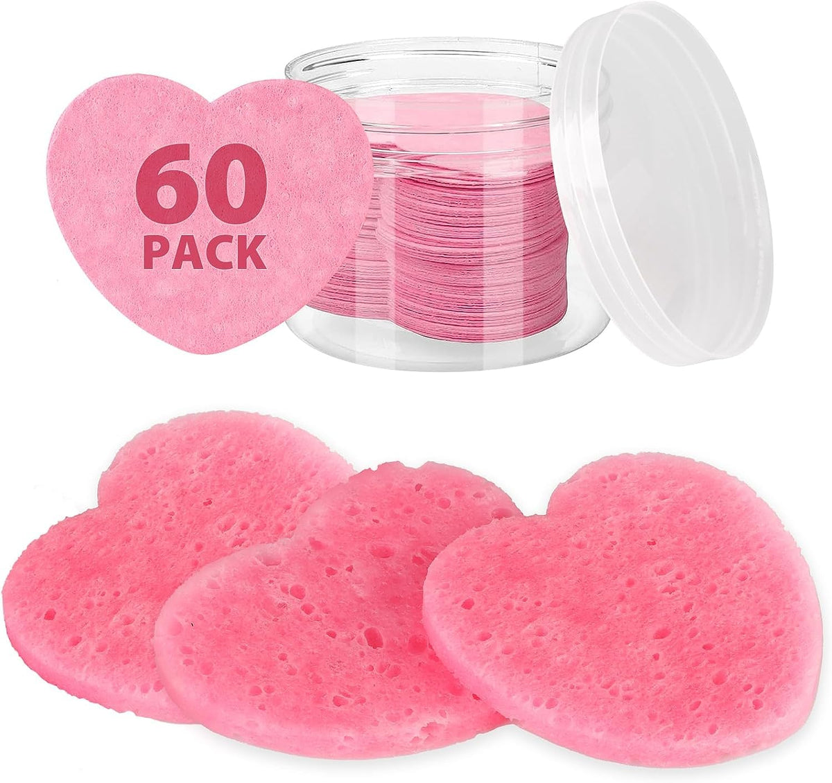 60-Count Compressed Facial Sponges With Container, Heart Shape Face Sponge, 100% Natural Pads for Cleansing, Massage, Pore Exfoliating Mask, Makeup Removal (Pink)
