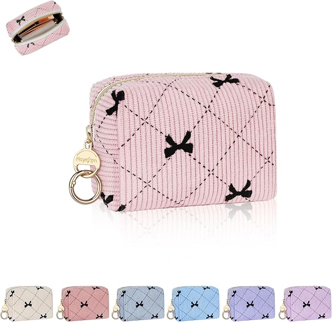 Playexen Mini Makeup Bag, Corduroy Small Cosmetic Bag for Purse, B-LPink