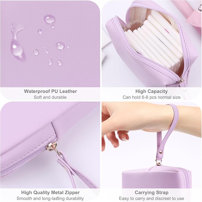 Sanitary Napkin Period bag for Women, Sanitary Napkin Storage Bag, PU Leather Sanitary Pad Bags Pounch, Portable Tampons Zipper Organizer Bag with Handle for Ladies