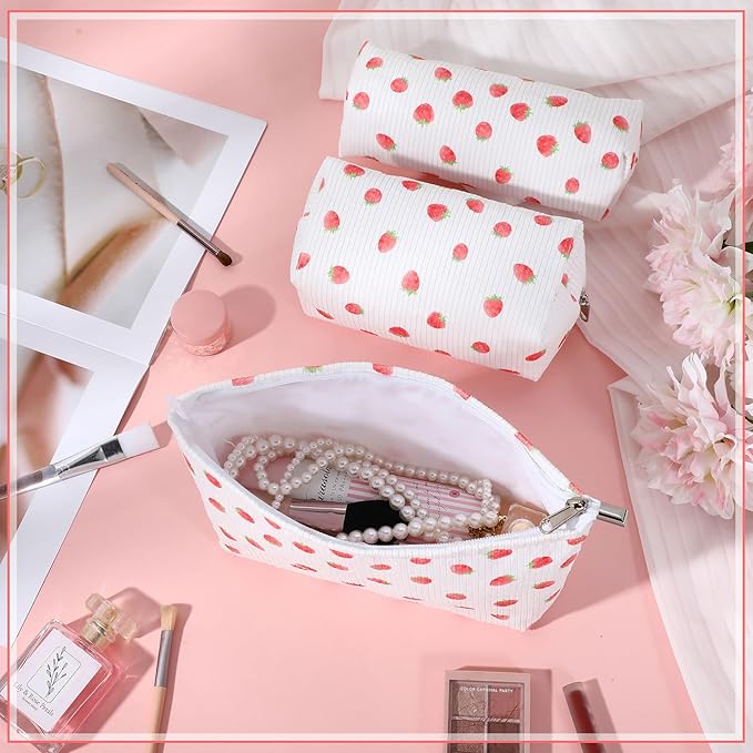 Huhumy 3 Pcs Makeup Bag Set for Women Corduroy Cosmetic Pouch Aesthetic Smile Travel Toiletry Bag Cute Purse Pouch Pencil Case Makeup Brushes Storage Organizer with Zipper(White,Strawberry)