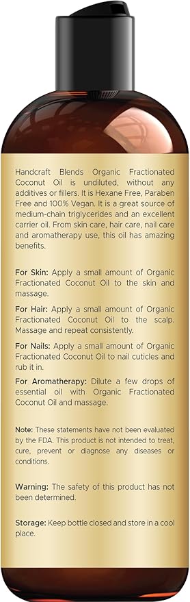 Handcraft Blends Organic Fractionated Coconut Oil | 100% Pure and Natural | Bath & Body Oil | Premium Grade Carrier Oil | Skin | Hair | Body | Massage | Hexane-Free | 8 Fl Oz