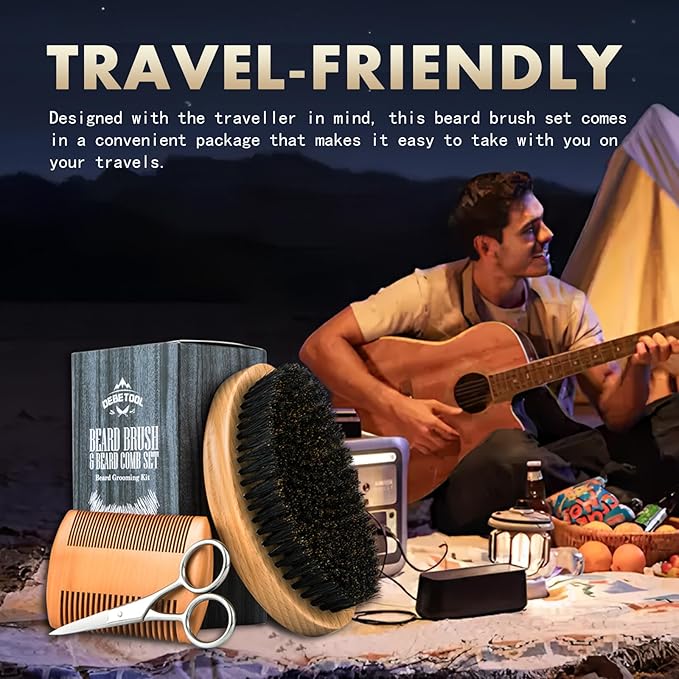 DEBETOOL Boar Bristle Beard Brush for Men - Wooden Beard Brush and Comb Set with Beard Scissors, Pocket Travel Men's Wooden Mustache Brush for Beard Care