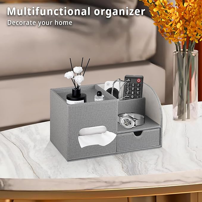 YAPISHI Tissue Box Cover with Storage Tray and Drawer, PU Leather Square Tissue Box Holder, Modern Cube Facial Tissue Dispenser, Makeup Holder, Remote Control Organizer for Nightstand, Bathroom Vanity