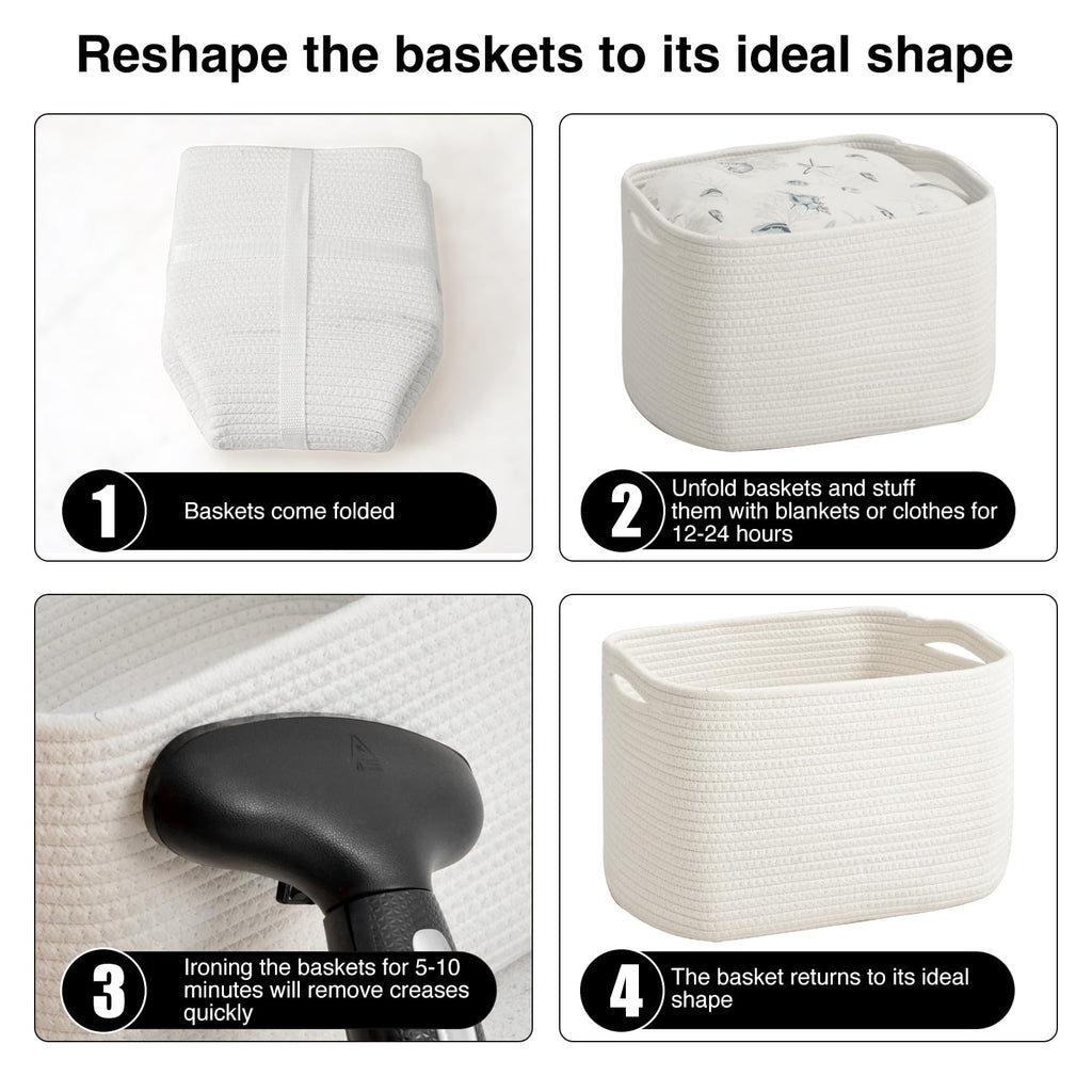ICERZCZ Storage Baskets for Organizing & Shelves, Woven Cotton Rope Organization Bins for Dog Toys, Clothes, Books, Nursery Organizer, 15"Lx11''Wx9.5''H, (4 Packs) Off White