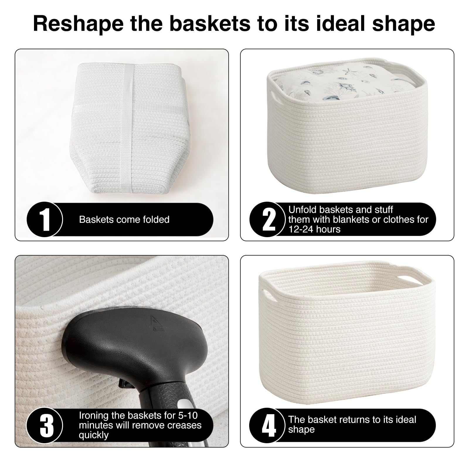 ICERZCZ Storage Baskets for Organizing & Shelves, Woven Cotton Rope Organization Bins for Dog Toys, Clothes, Books, Nursery Organizer, 15"Lx11''Wx9.5''H, (4 Packs) Off White